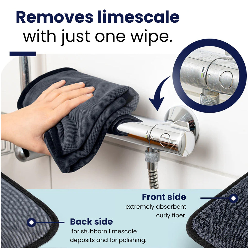 Cleaning cloth being used to remove limescale from a faucet, with text indicating its effectiveness.