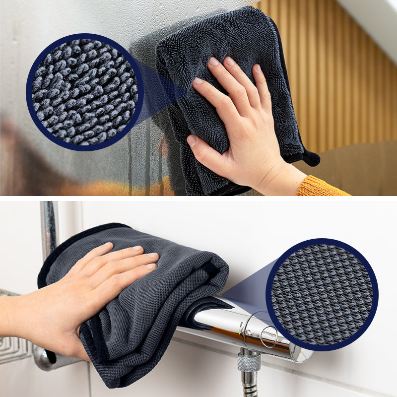 Person using a microfiber cloth to clean a surface, with close-up views of the cloth's texture.