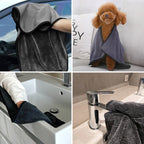 Collage of a gray towel being used on a car seat, a dog, a sink, and a bathroom faucet.